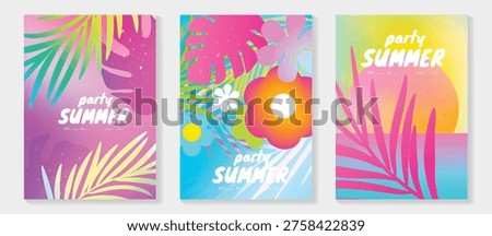 Summer tropical poster vector set with orchid flowers, hibiscus bloom, plumeria blossom, palm tree, botanical leaves and exotic garden elements. Bright seasonal wall art design for poster, print, card and home decor.