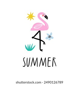 Summer tropical print with cute pink flamingo character. Vector illustration