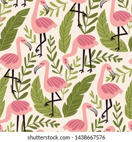 Summer tropical print design with pink flamingos and banana leaves. Vector seamless pattern. Exotic  repeat background.