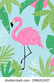 Summer tropical print with pink flamingos. Cute Exotic Flamingo character. Love summer