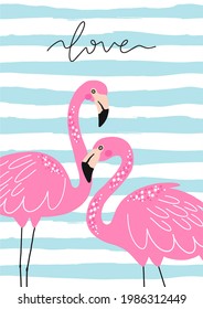 Summer tropical print with pink flamingos. Cute Exotic Flamingo character. Love summer