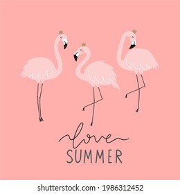 Summer tropical print with pink flamingos. Cute Exotic Flamingo character. Love summer