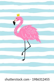 Summer tropical print with pink flamingos. Cute Exotic Flamingo character. Love summer