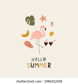 Summer tropical print with pink flamingos. Cute Exotic Flamingo character. Love summer