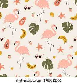 Summer tropical print with pink flamingos. Cute Exotic Flamingo character. Vector seamless pattern. 