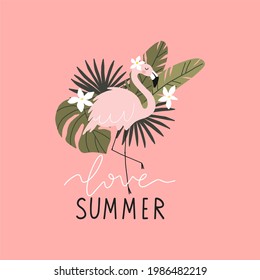 Summer tropical print with pink flamingos. Cute Exotic Flamingo character. Love summer