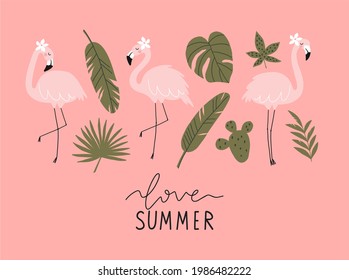 Impresión tropical de verano con flamencos rosas. Carácter exótico dulce Flamingo. Amar el verano