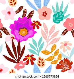 	
Summer tropical print. Seamless vector pattern with flowers, palm leaves and other plants. Aloha textile collection. On white background.