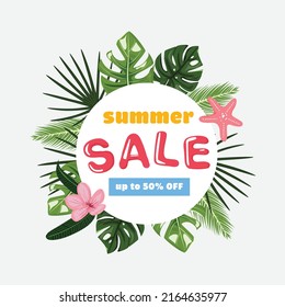 Summer tropical sale circle template with tropical leaves on background. Summer sale banner. Discount promotion.