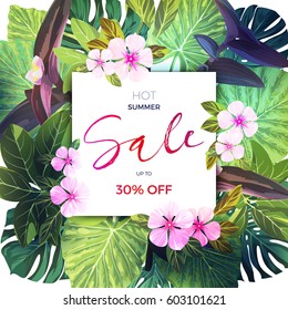Summer tropical sale design with exotic palm leaves and pink flowers. Jungle vector floral template.