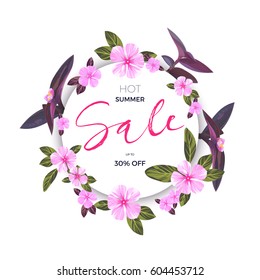 Summer tropical sale design with exotic pink and purple flowers. Jungle vector floral template.