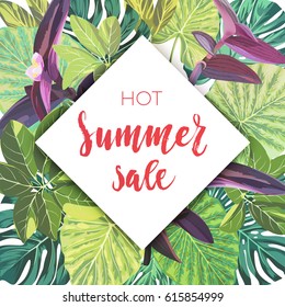 Summer tropical sale design with palm leaves and exotic plants. Jungle vector floral template.