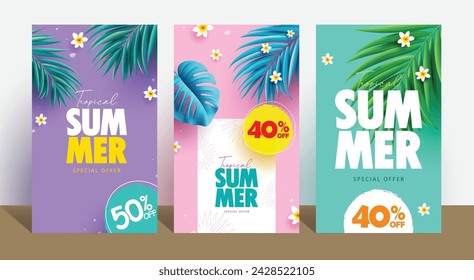 Summer tropical sale vector poster set. Summer tropical special offer text with palm and monstera leaf elements for seasonal shopping flyers collection. Vector illustration summer template 