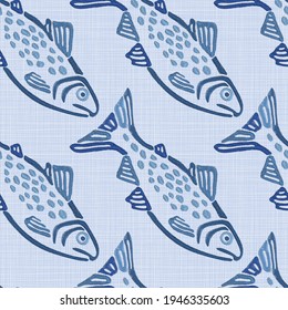 Mar tropical de verano. Patrón sin brillo con textura bordada estilizada. Peces exóticos multicolores sobre fondo de lino. Colección textil de playa.