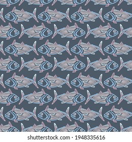 Mar tropical de verano. Patrón sin brillo con textura bordada estilizada. Peces exóticos multicolores sobre fondo de lino. Colección textil de playa.