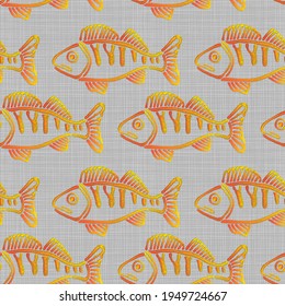 Mar tropical de verano. Patrón sin brillo con textura bordada estilizada. Peces exóticos multicolores sobre fondo de lino. Colección textil de playa.