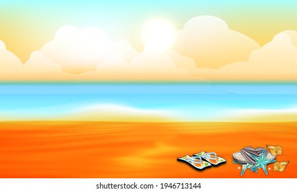 Summer tropical sea with starfish and sky with clouds.