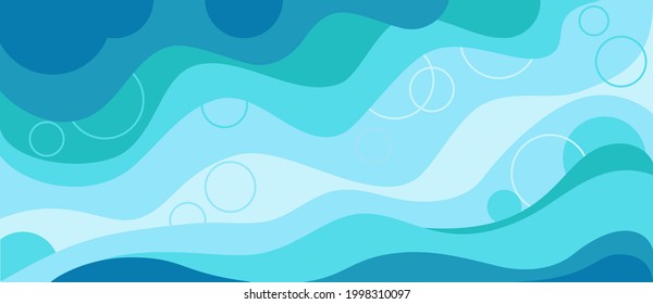 З а г о л в htíncelar о: Verano Tropical con vistas al mar con olas azules. Concepto de vacaciones exóticas en el paraíso para su afiche o portada, banner publicitario. Fondo de agua azul vectorial. EPS 8