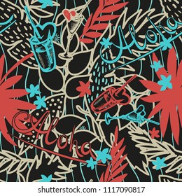 Summer tropical seamless background with exotic palm leaves, plants, cocktails, hearts with a inscription - Aloha. Vector floral background