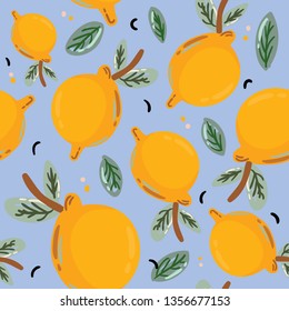 Summer tropical seamless pattern with beautiful yellow lemons. Fruit repeated background. Hand drawn scandinavian style. Vector. Good for textile, fabric design, wrapping paper, wallpaper, backdrop