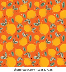 Summer tropical seamless pattern with beautiful yellow lemons. Fruit repeated background. Hand drawn scandinavian style. Vector. Good for textile, fabric design, wrapping paper, wallpaper, backdrop