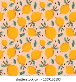 Summer tropical seamless pattern with beautiful yellow lemons. Fruit repeated background. Hand drawn scandinavian style. Vector. Good for textile, fabric design, wrapping paper, wallpaper, backdrop