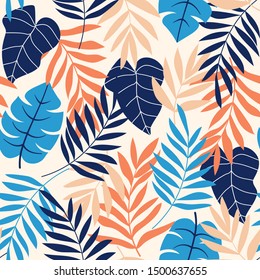 Summer tropical seamless pattern with blue and brown leaves. Jungle print, print, fabric, Wallpaper. Floral pattern, Hawaii. Bright plants has been reduced on the background.