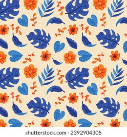 Summer tropical seamless pattern with blue and orange plants on a white background. Exotic wallpaper, Hawaiian style. Jungle leaves. Botanical pattern. Vector template. Creative abstract background.