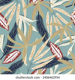 Summer tropical seamless pattern with bright leaves on pastel background. Vector design. Jungle print. Printing and textiles.