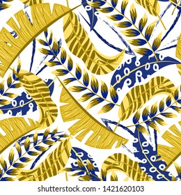 Summer tropical seamless pattern with bright leaves and plants on white background. Vector design. Jungle print. Floral background.