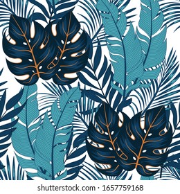 Patrón veraniego tropical sin fisuras con plantas brillantes y hojas sobre un fondo delicado. Pieza de jungla sin fisuras vectorial de fondo floral. Impresión y textiles. 