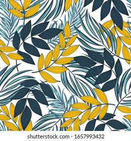 Summer tropical seamless pattern with bright plants and leaves on a light background. Seamless pattern with colorful leaves and plants. Exotic jungle wallpaper.
