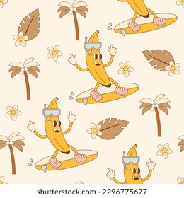 Summer tropical seamless pattern in character retro 70s-90s style. Perfect for kids wall wallpaper, gift paper, pattern fills, web page background, greeting cards. Vector cartoon illustration.