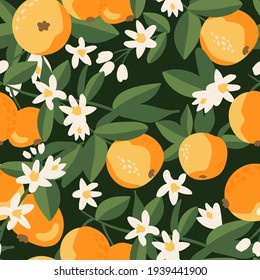 Summer tropical seamless pattern with colorful oranges and flowers.Vector citrus fruits background. Modern exotic floral design for paper, cover, fabric, interior decor and other users.