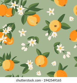 Patrón veraniego tropical sin costuras con naranjas y flores coloridas.Vector de cítricos fondo. Diseño floral exótico moderno para el papel, la cubierta, la tela, la decoración interior y otros usuarios.