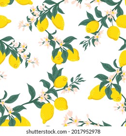 Summer tropical seamless pattern with colorful lemons and flowers.Vector citrus fruits background. Modern exotic floral design for paper, cover, fabric, interior decor and other users.