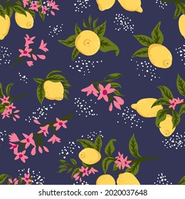 Summer tropical seamless pattern with colorful lemons and flowers.Vector citrus fruits background. Modern exotic floral design for paper, cover, fabric, interior decor and other users.