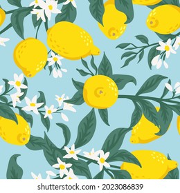 Summer tropical seamless pattern with colorful lemons and flowers.Vector citrus fruits background. Modern exotic floral design for paper, cover, fabric, interior decor and other users.