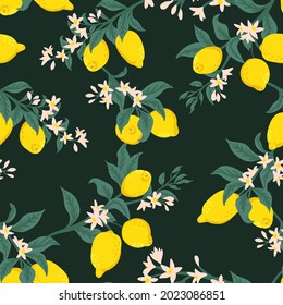 Summer tropical seamless pattern with colorful lemons and flowers.Vector citrus fruits background. Modern exotic floral design for paper, cover, fabric, interior decor and other users.