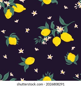 Summer tropical seamless pattern with colorful lemons and flowers.Vector citrus fruits background. Modern exotic floral design for paper, cover, fabric, interior decor and other users.