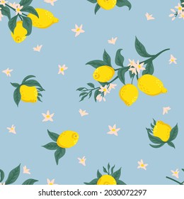 Summer tropical seamless pattern with colorful lemons and flowers.Vector citrus fruits background. Modern exotic floral design for paper, cover, fabric, interior decor and other users.