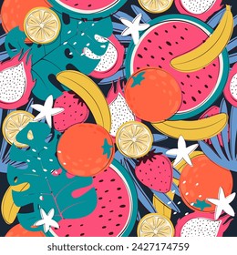 summer tropical seamless pattern with colorful exotic fruits 