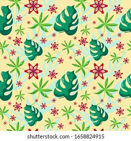 Summer tropical seamless pattern, tropical cute floral design, green, blue leaves, red flowers, yellow cream background. Vector illustration
