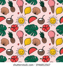 Summer tropical seamless pattern in doodle simple style with fruits, ice cream, sun and leaves. Vector isolated illustration