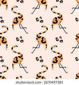 Summer tropical seamless pattern with flamingo on beige background. Leopard print