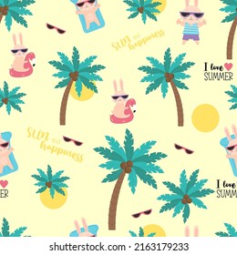 Summer tropical seamless pattern. Funny rabbits beachgoers in sunglasses and floating on waterproof inflatable mattress on light background with tropical palm trees. Vector illustration. I love summer