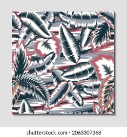 patrón veraniego tropical sin costuras con color gris y rojo combinación de hojas de plátano, palma y planta botánica monstera sobre fondo de onda abstracta. impresión de diseño de verano de moda