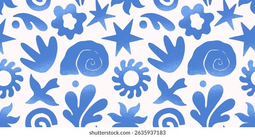 Summer tropical seamless pattern with hand drawn nature organic elements:palm,sun,coral,seashell,bird,wave.Trendy blue background for banners,smm,branding,covers,prints.Summer vacation aesthetic