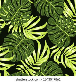Summer tropical seamless pattern. Tropical leaves and plants on a dark background. Trendy summer Hawaii print.  Floral pattern. Jungle leaves. Creative abstract background. Vector template.