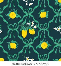 Summer tropical seamless pattern lemons, preppy coquette bow. citrus exotic fruits background